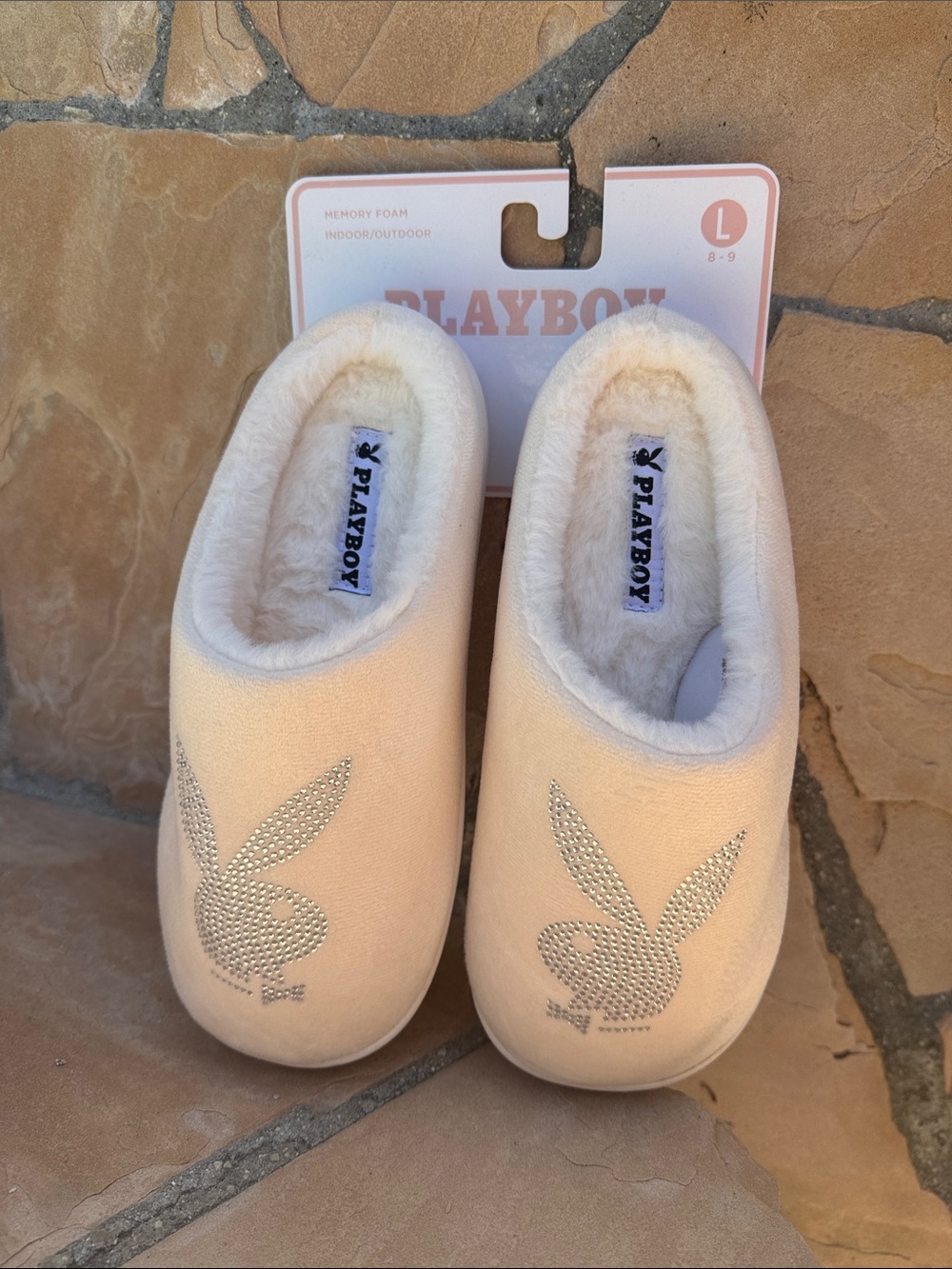 PLAYBOY Cream Plush Slip-On Slippers with Rhinestone Bunny